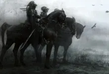 knights fog weapons fantasy art armor horses artwork warriors ravens swords upscaled 2560x1600 wa Art HD Wallpaper